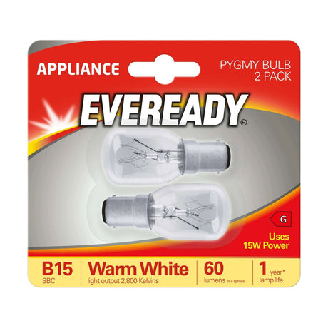 B15 (SBC) Pygmy Bulb 15W 60lm - Warm White 2800K, 2 Pack retail pack