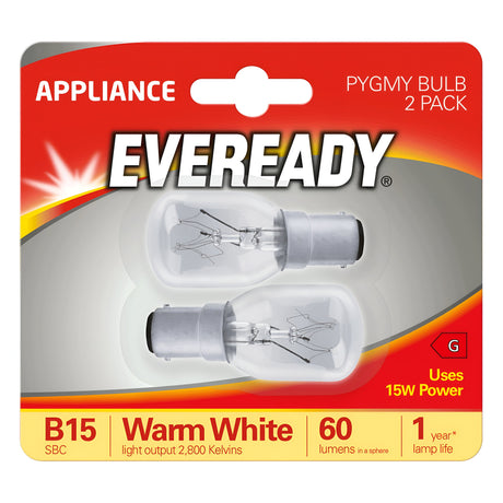 Product packaging for Eveready 15W Non-Dimmable Pygmy Bulb - Warm White, B15, 3000K (2 Pack) showcases bulbs with a B15 small bayonet cap and a lamp life of one year. The packaging is designed in red and yellow, adorned with product images for easy identification.