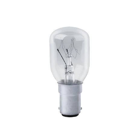 An Eveready 15W non-dimmable pygmy bulb, warm white at 3000K, showcasing visible filaments against a plain white background. It has a cylindrical design with a B15 small bayonet cap metal base, ideal for appliance lighting. Comes as a two-pack.