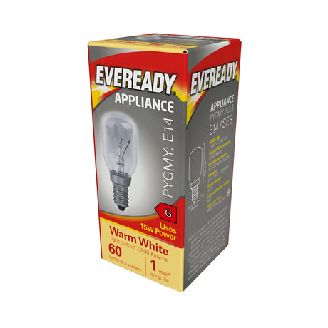 The Eveready 15W Non-Dimmable Pygmy Bulb, featuring an E14 base, offers warm white light with a brightness of 60 lumens and a color temperature of 2800 Kelvins. The product comes in a predominantly red packaging with white text and showcases an image of the bulb on the box.