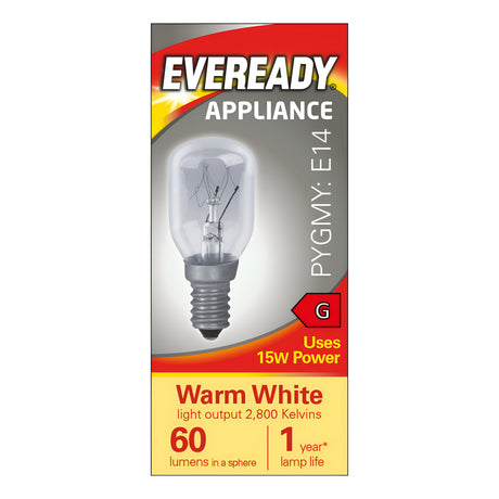 Packaging of an Eveready 15W Non-Dimmable Pygmy Bulb. This E14 appliance bulb emits warm white light with a color temperature of 2800K and a brightness of 60 lumens in all directions, ensuring dependable use for up to one year.