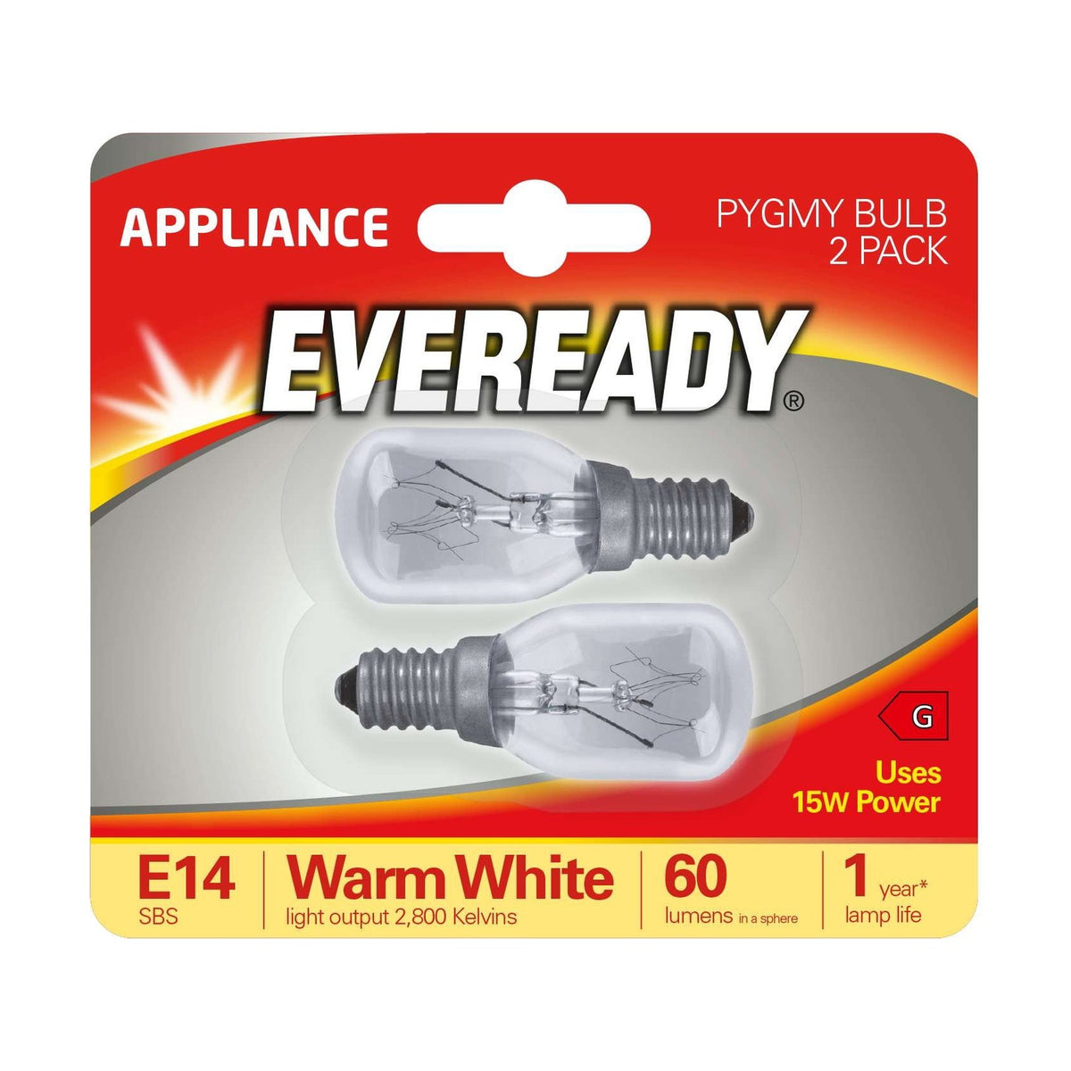 Pygmy E14 (SES) Appliance Bulb 15W - Warm White 2800K, 2 Pack retail pack