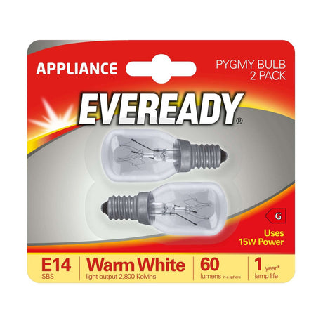 Pygmy E14 (SES) Appliance Bulb 15W - Warm White 2800K, 2 Pack retail pack
