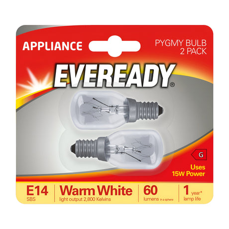 The Eveready 15W Non-Dimmable Pygmy Bulb packaging contains two E14 warm white bulbs, each using 15W and producing 60 lumens at a color temperature of 3000 Kelvins. The package, designed with a red and white background, assures a lamp life of one year and prominently displays the product details.