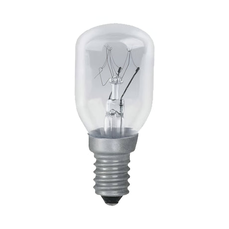 Against a plain white background, the Eveready 15W Non-Dimmable Pygmy Bulb with a silver E14 screw base is displayed. The internal filament is visible through the clear glass, making it ideal for appliance lighting that emits a warm white light at 3000K to brighten any space.