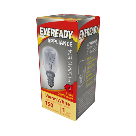 The image shows a red and yellow box of an Eveready 25W Non-Dimmable Pygmy Bulb, designed for compact spaces. It produces a warm white glow with 150 lumens at 2800 kelvin. This appliance bulb features an E14 SES cap and is packaged in a cardboard box.