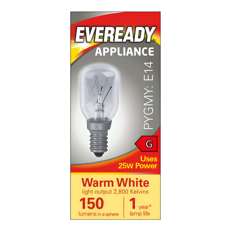 Packaging of the Eveready 25W Non-Dimmable Pygmy Bulb, type E14, marked with "Uses 25W Power." It emits a warm white glow at 2800 Kelvin and provides 150 lumens, ideal for compact spaces, with a lifespan of 1 year.