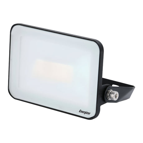 The Energizer 30W LED Floodlight, featuring a 6,500K daylight glow, offers an energy-efficient lighting solution with its rectangular design and frosted front panel. Ideal for outdoor settings, it is mounted on an adjustable black metal bracket with the brand logo prominently displayed in the bottom corner.