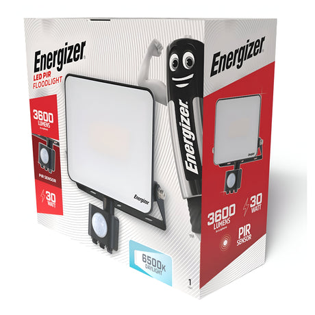 The packaging of the Energizer 30W LED PIR Floodlight features an impressive floodlight and a motion sensor. Key highlights are its 3600 lumens output and bright 6000K daylight. A lively battery character enhances the design's appeal.