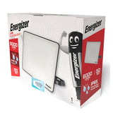 Packaging for an energy-efficient Energizer 50W LED Floodlight - 6,500K (Daylight). The box highlights features: 6000 lumens, 50 watts, and an IP65 rating for dust and water protection. A cartoon battery character is depicted flexing a bicep, perfectly showcasing its capability in outdoor lighting.