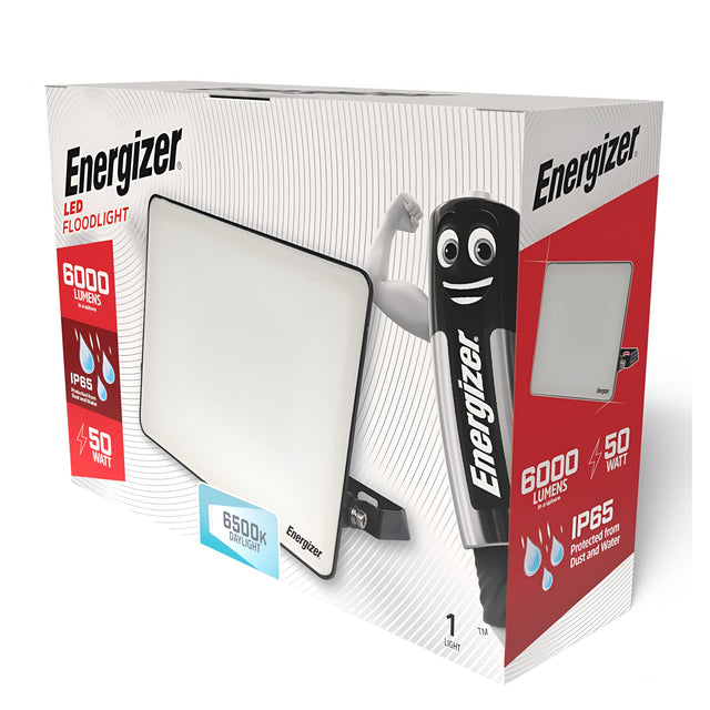 Packaging for an energy-efficient Energizer 50W LED Floodlight - 6,500K (Daylight). The box highlights features: 6000 lumens, 50 watts, and an IP65 rating for dust and water protection. A cartoon battery character is depicted flexing a bicep, perfectly showcasing its capability in outdoor lighting.