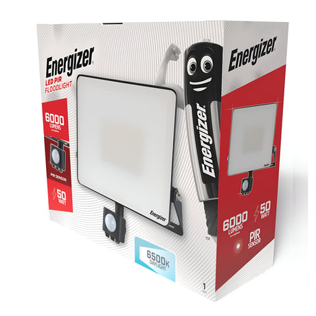 The packaging of an Energizer 50W LED PIR Floodlight - 6,500K (Daylight) features a modern, rectangular light panel with an integrated motion sensor. The box prominently highlights its 6000 Lumens and IP44 rating, with a playful cartoon character adorning the side.