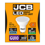 The packaging for a JCB 4W GU10 Non-Dimmable LED Bulb - Daylight, 6500K indicates the following specifications: it is a 4W bulb (equivalent to a 35W replacement), provides 230 lumens of cool white light at 6500K, offers a lifespan of up to 10 years, has an energy rating of F, and uses approximately 91% less energy.