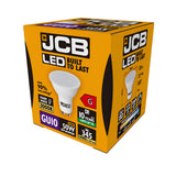 The JCB 4.9W GU10 Non-Dimmable LED Bulb, featuring orange and black packaging, offers 90% energy savings with warm white 3000K light and outputs 345 lumens. It's a perfect replacement for a 50W bulb and has an impressive lifespan of up to 10 years.