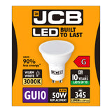 Packaging image of the JCB 4.9W GU10 Non-Dimmable LED Bulb in Warm White (3000K). This energy-saving bulb is built to last, consumes 90% less energy, replaces a 50W bulb with just 4.9W power, provides a brightness of 345 lumens, has a lifespan of 10 years, and holds an energy rating of G.