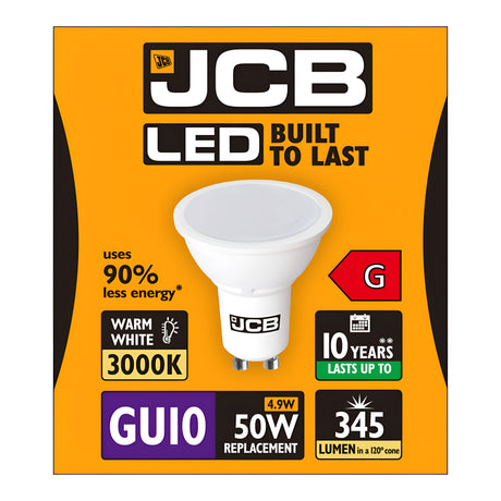 Packaging image of the JCB 4.9W GU10 Non-Dimmable LED Bulb in Warm White (3000K). This energy-saving bulb is built to last, consumes 90% less energy, replaces a 50W bulb with just 4.9W power, provides a brightness of 345 lumens, has a lifespan of 10 years, and holds an energy rating of G.