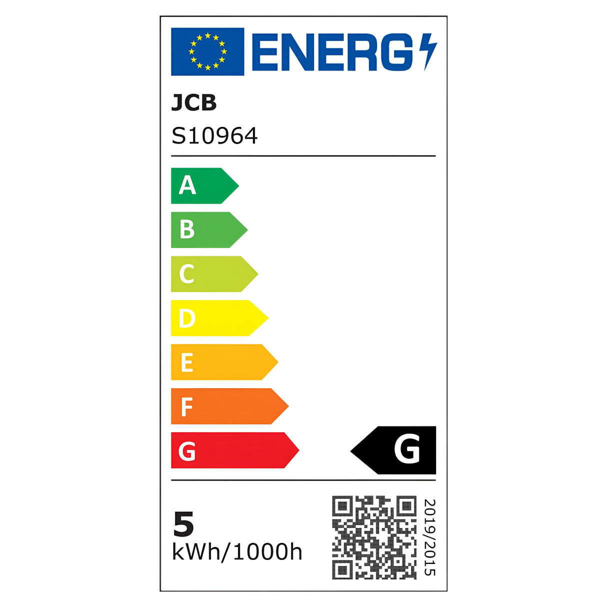 The energy efficiency label displays EU ratings from A (green) to G (red). This JCB 4.9W GU10 Non-Dimmable LED Bulb, with model number S10964, is rated G and has an energy consumption of 5 kWh/1000h. It offers a daylight color temperature of 6500K and includes a QR code alongside the years 2019-2015.