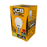 An orange box featuring a JCB 3W Non-Dimmable LED Golf Ball Bulb with Built to Last branding. This energy-efficient bulb, equipped with an E14 fitting, emits 3000K warm white light. It promises a 10-year lifespan and delivers 250 lumens of brightness, showcasing energy-saving details and certifications prominently on the packaging.