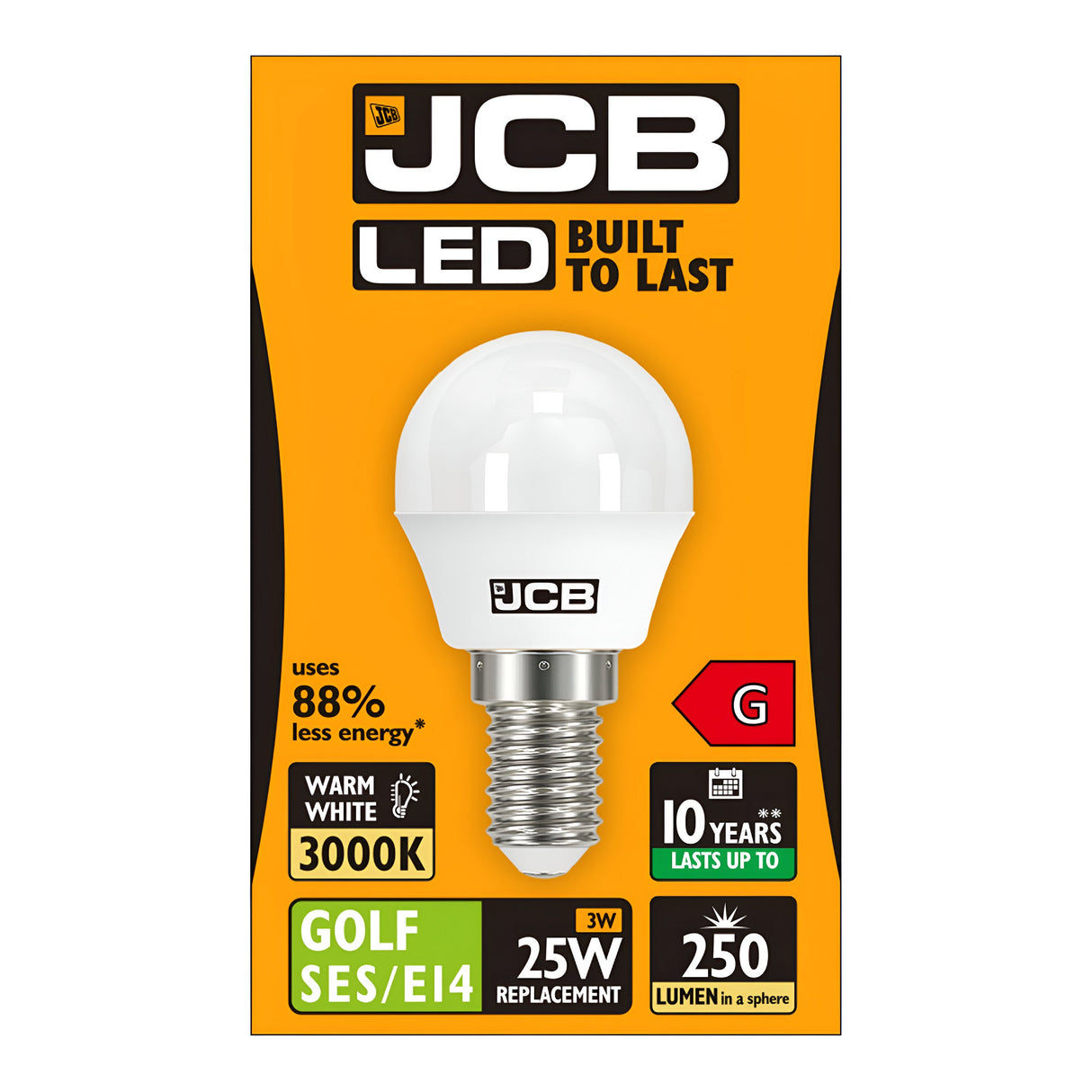 Image of JCB 3W Non-Dimmable LED Golf Ball Bulb packaging, featuring an energy-efficient design. The label emphasizes benefits such as 88% reduced energy usage, warm white light at 3000K, E14 SES fitting, replacement for a 25W bulb while consuming only 3W, and emitting 250 lumens with a lifespan of up to 10 years. "Built to last" is prominently displayed.