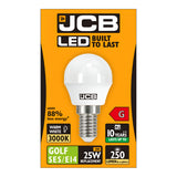 Image of JCB 3W Non-Dimmable LED Golf Ball Bulb packaging, featuring an energy-efficient design. The label emphasizes benefits such as 88% reduced energy usage, warm white light at 3000K, E14 SES fitting, replacement for a 25W bulb while consuming only 3W, and emitting 250 lumens with a lifespan of up to 10 years. "Built to last" is prominently displayed.