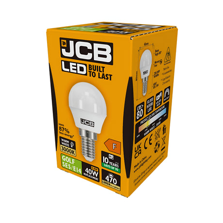 Box of JCB-1 4.9W Non-Dimmable LED Golf Ball Bulbs with yellow and black design. Highlights include Built to Last, 10 Years, 3000K warm white glow, equivalent to a 40W bulb, energy efficient with 470 Lumens. Includes an image of a bulb on the box.