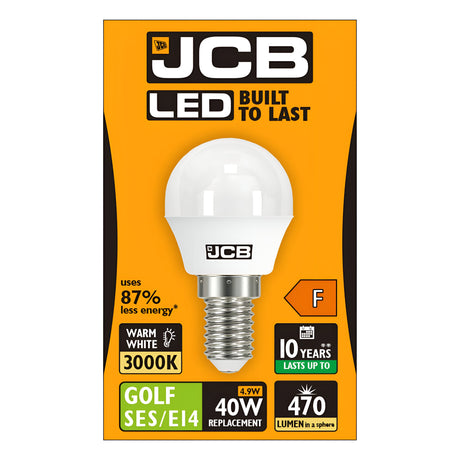 Packaging for the JCB-1 4.9W Non-Dimmable LED Golf Ball Bulb showcases a warm white glow at 3000K. Key features include an energy reduction of 87%, a lifespan of 10 years, and efficient performance with an output of 470 lumens as a replacement for a traditional 40W bulb. The orange packaging is highlighted with bold black and white text.