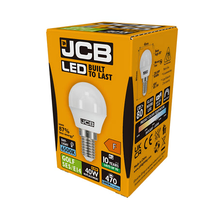 A box of JCB 4.9W Non-Dimmable LED Golf Ball Bulbs highlights features such as Built to Last, 6500K daylight, and an E14 fitting. It offers a 40W replacement with 470 lumens and up to 10 years of life, with the yellow box displaying product images and details in black and white.