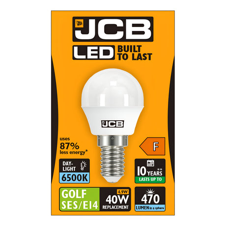 The packaging of the JCB 4.9W Non-Dimmable LED Golf Ball Bulb in Daylight (6500K) showcases its standout features: a durable, energy-saving bulb that uses 87% less energy and offers a bright Daylight glow. Designed to last up to 10 years, it has an F energy rating and fits the GOLF SES/E14 Small Edison Screw fitting. This bulb is an efficient replacement for a traditional 40W bulb, delivering 470 lumens.