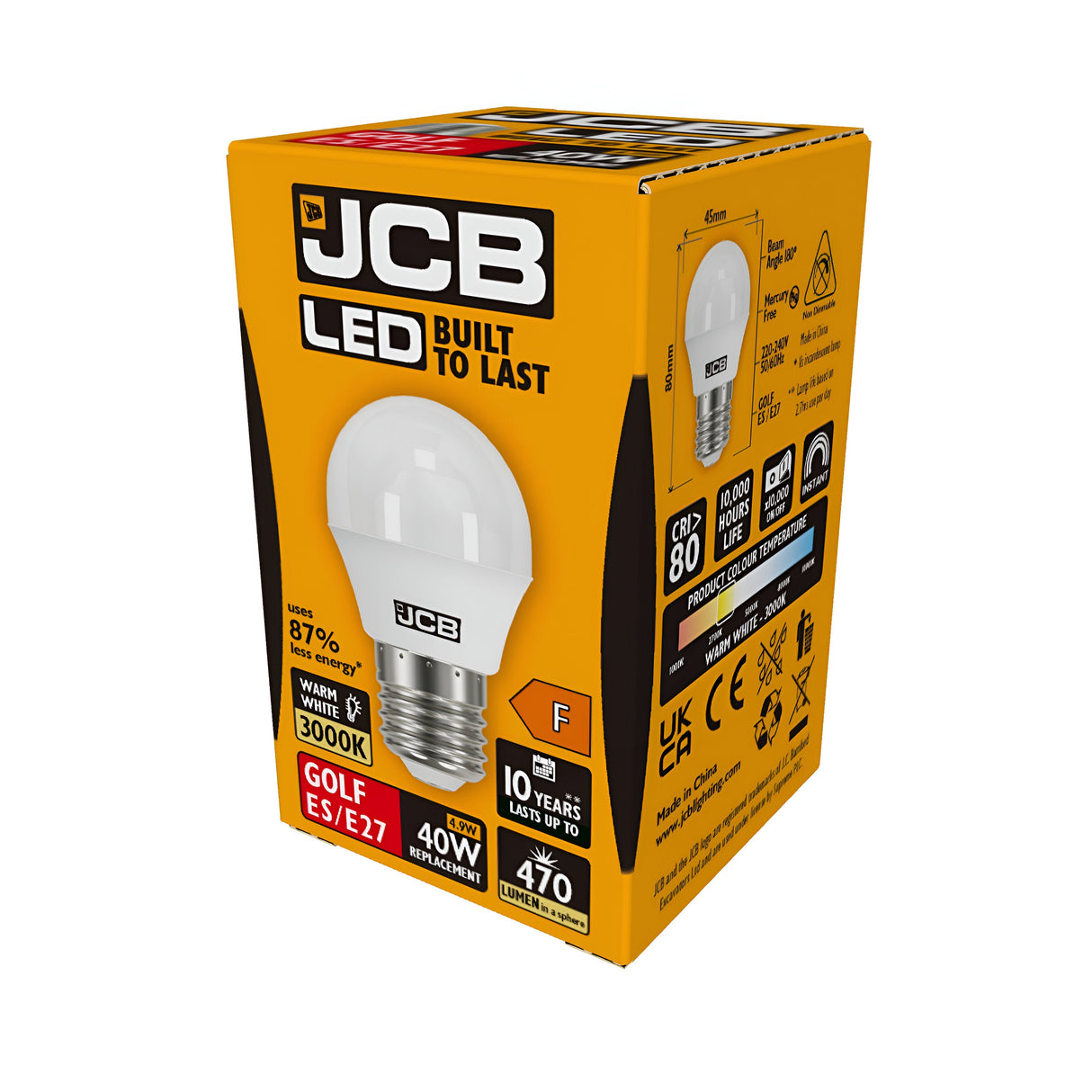 The JCB 4.9W Non-Dimmable LED Golf Ball Bulb, presented in a yellow and black box, showcases its durability and features. This energy-efficient bulb with an Edison Screw fitting delivers 470 lumens, serves as a replacement for a 40W bulb, provides warm white light at 3000K, and achieves 87% energy savings while being Built to Last.