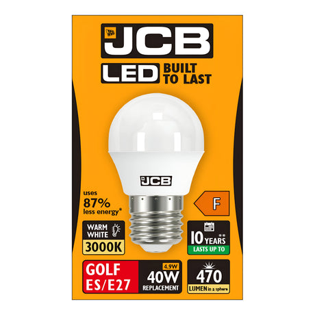 A package with an orange background showcases the JCB 4.9W Non-Dimmable LED Golf Ball Bulb, featuring an Edison Screw (E27) fitting for easy installation. This energy-efficient bulb uses 87% less energy and emits warm white light at 3000K. It can last up to 10 years while replacing a traditional 40W bulb with only 4.9W and delivers 470 lumens in a spherical shape.