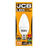 Image of a JCB 3W Non-Dimmable LED Candle Bulb packaging. This candle-shaped, energy-efficient bulb emits warm white light at 3000K, ideal for a daylight ambiance. It replaces a 25W bulb while using just 3W and provides 250 lumens with a B22 base. Designed for longevity, it promises to use 88% less energy over ten years. The package is orange.