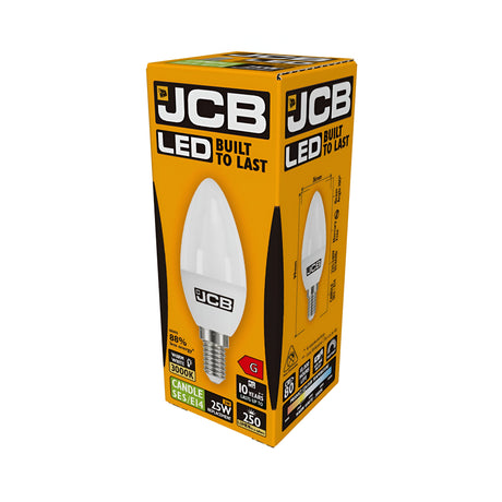 Image of the packaging for the JCB 3W Non-Dimmable LED Candle Bulb in Warm White, E14, 3000K. The yellow box with black and white text highlights its energy-efficient lighting, Built to Last promise, and features a Small Edison Screw fitting. It showcases a power output equivalent to 25W with a brightness of 250 lumens.