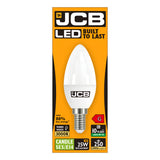 The packaging image displays the JCB 3W Non-Dimmable LED Candle Bulb in Warm White, E14, with a 3000K color temperature. The orange box prominently features the visible white, candle-shaped bulb. Text highlights its energy-efficient lighting: utilizing 88% less energy, serving as a replacement for 25W bulbs, lasting up to 10 years with a brightness of 250 lumens, and designed for the Small Edison Screw fitting.