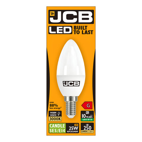 The packaging image displays the JCB 3W Non-Dimmable LED Candle Bulb in Warm White, E14, with a 3000K color temperature. The orange box prominently features the visible white, candle-shaped bulb. Text highlights its energy-efficient lighting: utilizing 88% less energy, serving as a replacement for 25W bulbs, lasting up to 10 years with a brightness of 250 lumens, and designed for the Small Edison Screw fitting.