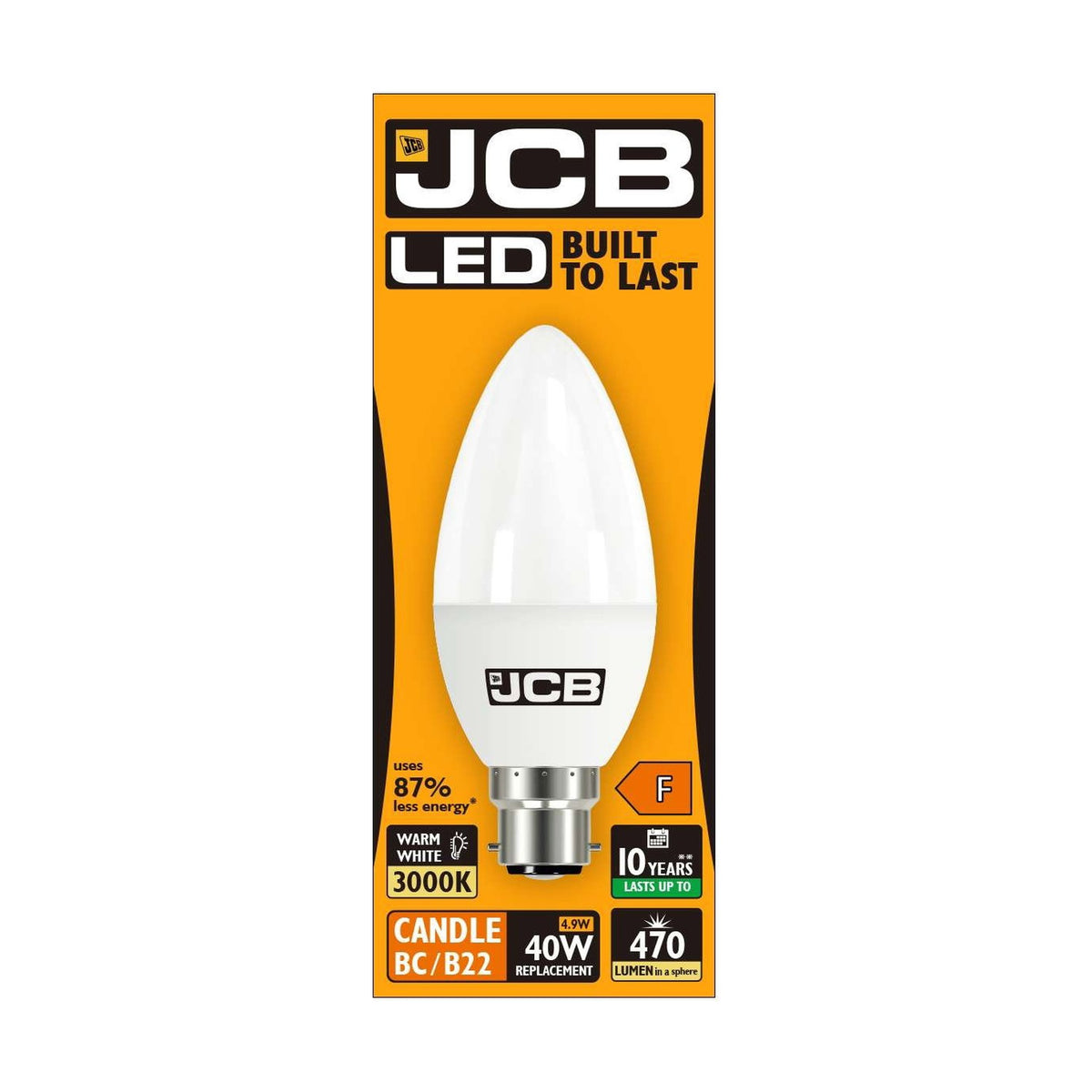 B22 (BC) LED Candle Bulb 4.9W 470lm - Warm White 3000K - JCB retail pack