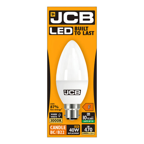 Packaging for the JCB-1 4.9W Non-Dimmable LED Candle Bulb with a B22 bayonet cap. It delivers 470 lumens, replacing a traditional 40W bulb while emitting warm white light at 3000K and consuming only 4.9W. With an energy efficiency rating of F, this bulb offers an impressive lifespan of up to 10 years and achieves energy savings of up to 87%.