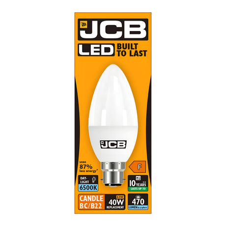 The packaging of the JCB 4.9W Non-Dimmable LED Candle Bulb - Daylight, B22, 6500K emphasizes its robust durability with a daylight glow at 6500K, offering brightness comparable to a 40W bulb and delivering 470 lumens. It provides up to 87% energy savings and boasts a lifespan of up to 10 years, making it an eco-friendly option that maintains high quality.
