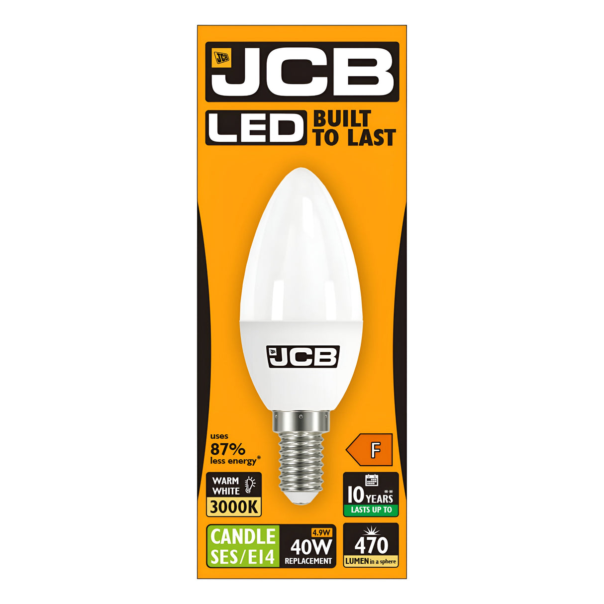 The packaging of the JCB-1 4.9W Non-Dimmable LED Candle Bulb, with its SES/E14 base, highlights its energy efficiency by using 87% less energy. It provides a warm white light at 3000K, equivalent to a 40W bulb, delivers 470 lumens, and has a lifespan of up to 10 years. Its vibrant orange and black design is easy to spot.