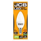 The packaging of the JCB-1 4.9W Non-Dimmable LED Candle Bulb, with its SES/E14 base, highlights its energy efficiency by using 87% less energy. It provides a warm white light at 3000K, equivalent to a 40W bulb, delivers 470 lumens, and has a lifespan of up to 10 years. Its vibrant orange and black design is easy to spot.