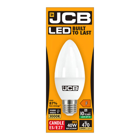 The image features a JCB 4.9W Non-Dimmable LED Candle Bulb in its distinctive orange and black packaging, highlighted with the slogan "Built to Last." This E27 bulb emits 470 lumens of warm white light at 3000K, achieving an energy reduction of 87% compared to traditional bulbs and offering a lifespan of up to 10 years.