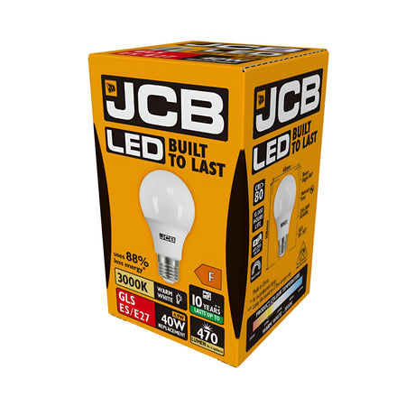 The JCB 4.9W Non-Dimmable LED GLS Bulb comes in a branded box and features an Edison Screw fitting. It offers 88% energy savings, emits warm white light at 3000K, is equivalent to a 40W bulb, provides 470 lumens of brightness, and has an impressive lifespan of 10 years.