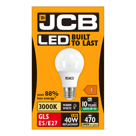 The JCB 4.9W Non-Dimmable LED GLS Bulb is packaged with the Built to Last slogan and highlights features such as 3000K warm white light, a power usage of 4.9W which replaces a traditional 40W bulb, and an output of 470 lumens. It carries an energy rating of F, boasts up to a decade-long lifespan, uses 88% less energy than its conventional counterparts, and offers easy installation with its Edison Screw (E27) fitting.