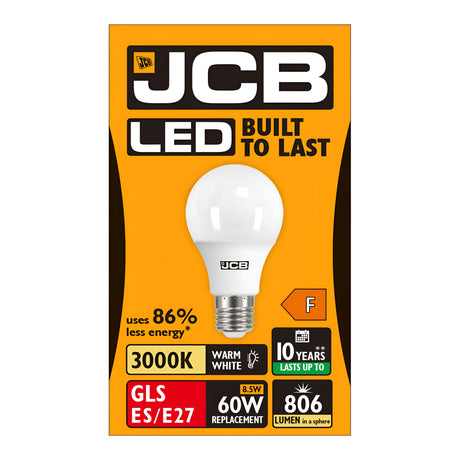 The JCB-1 8.5W Non-Dimmable LED GLS Bulb in Warm White, an E27 fitting, showcases the "Built to Last" promise by offering a warm white ambiance with an 86% reduction in energy usage compared to traditional bulbs. Delivering 806 lumens and performing at 3000K, this energy-efficient light replaces your conventional 60W bulb with just 8.5W for up to a 10-year lifespan.