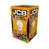 A JCB 8.5W Non-Dimmable LED GLS Bulb in a yellow and black box highlights its energy efficiency with a daylight color temperature of 6500K, delivering 806 lumens as a 60W equivalent. The packaging ensures an impressive estimated lifespan of 10 years for the ES/E27 fitting bulb.