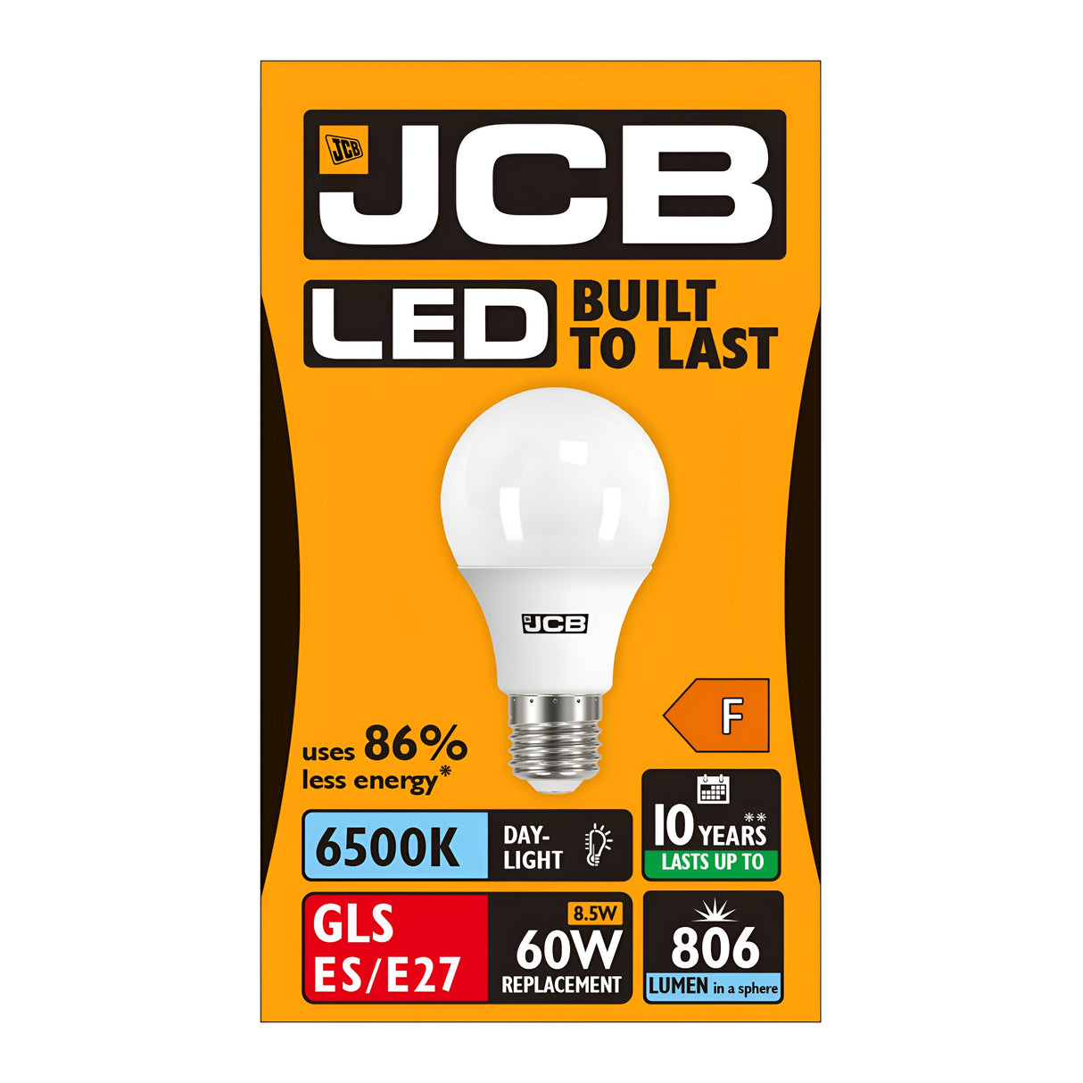 Introducing the JCB 8.5W Non-Dimmable LED GLS Bulb, featuring daylight colour temperature at 6500K for energy-efficient lighting with 86% energy savings. This bulb is a perfect replacement for a traditional 60W bulb, consuming only 8.5W while producing 806 lumens, and it comes with an impressive 10-year lifespan and GLS ES/E27 fitting.