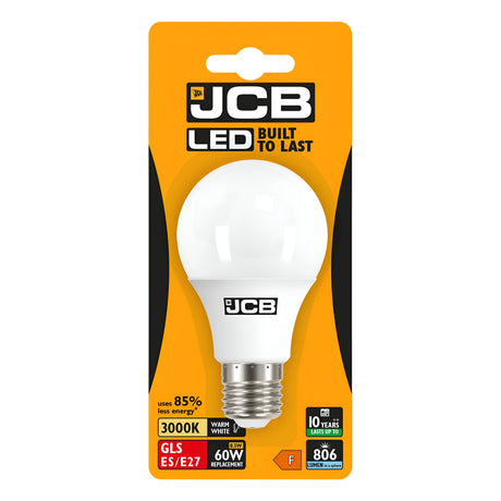 The packaging for the JCB-2 8.5W Non-Dimmable LED GLS Bulb emphasizes its slogan "Built to Last" and showcases its energy-efficient design. It includes features such as 3000K warm white light, a replacement for 60W bulbs, an output of 806 lumens, and a promised lifespan of 10 years. The orange background highlights details about energy usage and bulb specifications.