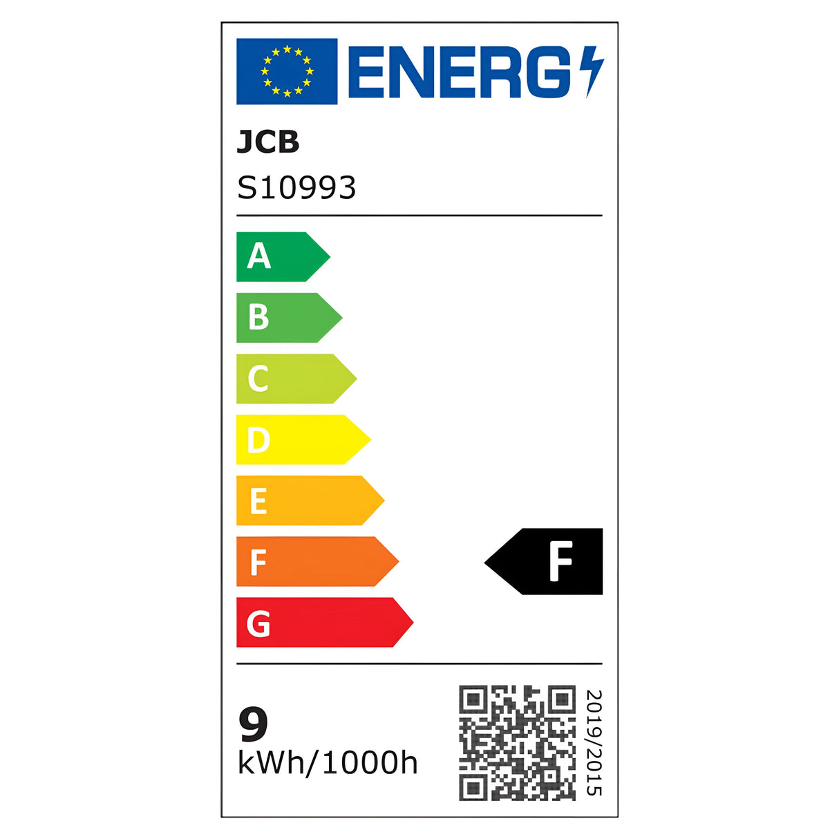 The JCB-2 8.5W Non-Dimmable LED GLS Bulb - Warm White, E27, 3000K has an energy efficiency label with an F rating. The label features a color scale from A (green) to G (red), accompanied by a black arrow indicating F. It displays 9 kWh/1000h and includes a QR code in the bottom right corner, ideal for those interested in warm white light options.