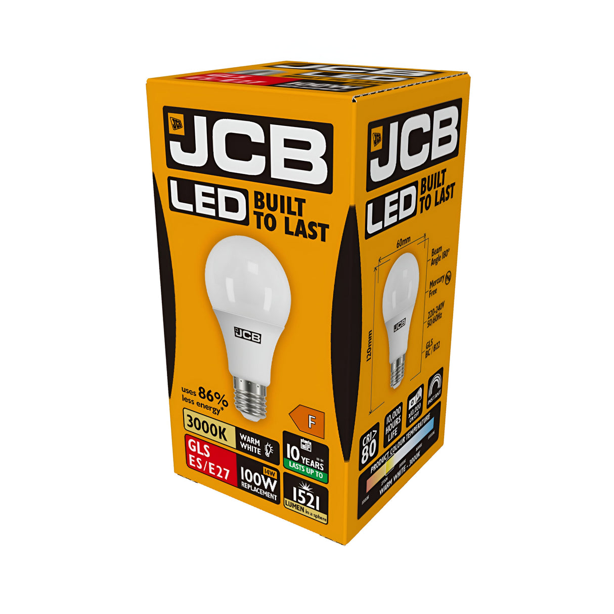 Box of JCB 14W Non-Dimmable LED GLS Bulbs in yellow packaging. Text highlights key features: Built to Last with a 10-Year Lifetime, offering 86% energy savings. Enjoy warm white light at 3000K, equivalent to a traditional 100W bulb. The packaging displays an image of the bulb and details such as the GLS ES/E27 fitting with a brightness of 1521 lumens.