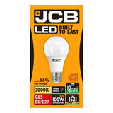 Packaging of the JCB 14W Non-Dimmable LED GLS Bulb displays an image of the white bulb. Key text features include Built to Last, emits a 3000K Warm White light, replaces a 100W bulb while using only 14W for better energy efficiency. It lasts up to 10 years and produces 1521 Lumens, with an energy rating of F.