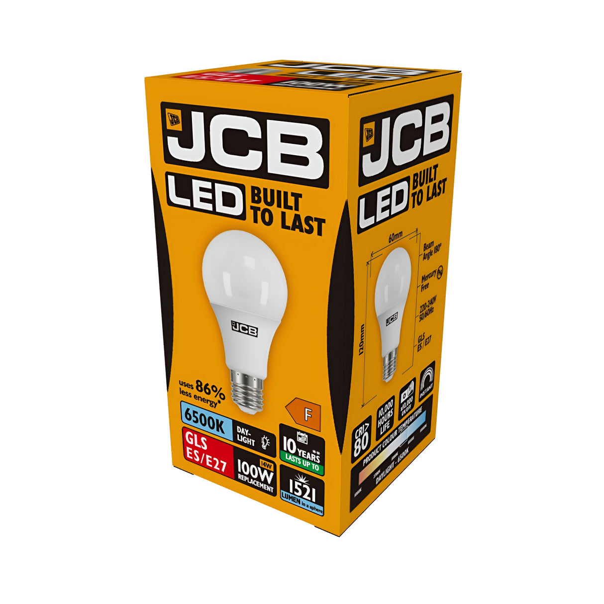 The JCB 14W Non-Dimmable LED GLS Bulb in Daylight (6500K) offers an outstanding energy saving of 86%. It provides the brilliance of a 100W equivalent with its 60W rating, delivering an impressive brightness of 806 lumens and lasting up to a decade. Designed for durability, this bulb maximizes energy efficiency and carries an F energy rating.